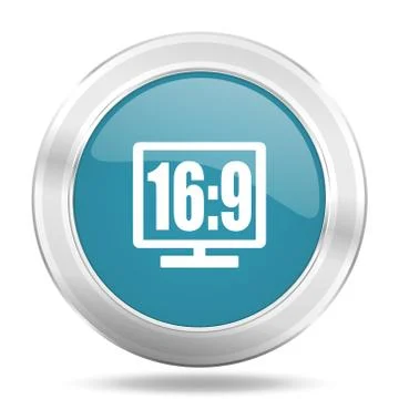 16 9 display icon, blue round metallic glossy button, web and mobile app desi Stock Illustration