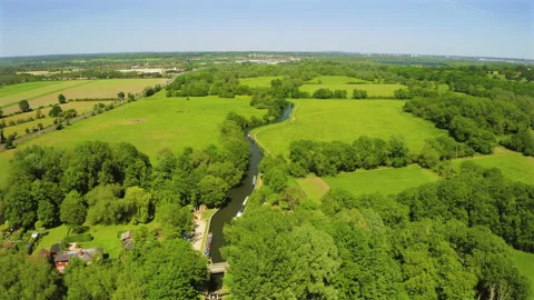 16. Aerial shot of countryside and Tyle Mill lock, Reading UK, top and bird eye Stock Footage