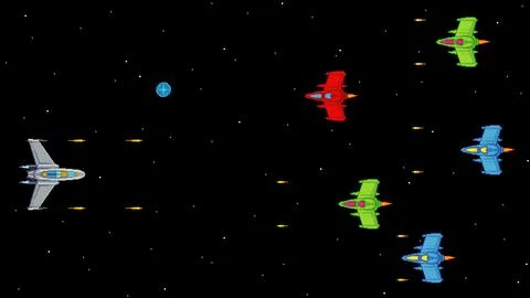 16-bit retro video game scene in pixel art style. Space battle with spaceship vs Stock Illustration