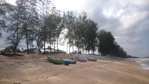 16 boats and sandy beach with wave and breeze sound Stock Footage 145653286