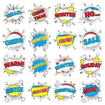 16 Comic Winter Lettering In The Speech Bubbles Comic Style Flat Design. Stock-Illustration
