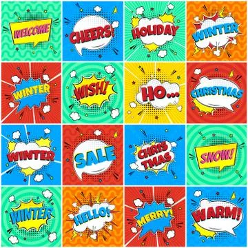 16 Comic Winter Lettering In The Speech Bubbles Comic Style Flat Design. Stock-Illustration