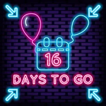 16 Days To Go Badge in neon style. Neon script. Neon text. Stock Illustration