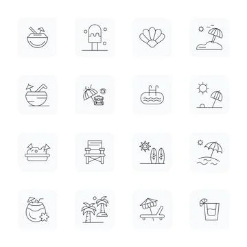 16 Display Perfect Thin Outline Vector Icons from Beach Collection Illustrazione stock