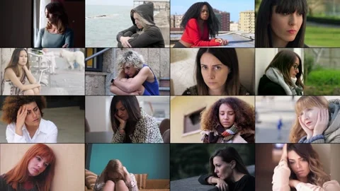 16 Diverse Women in Multiscreen Display of Negative Emotions 스톡 동영상 293052646