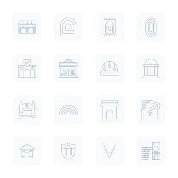 16 High Resolution Editable Vector Icons for Arch in Thin Outline Theme Stock Illustration