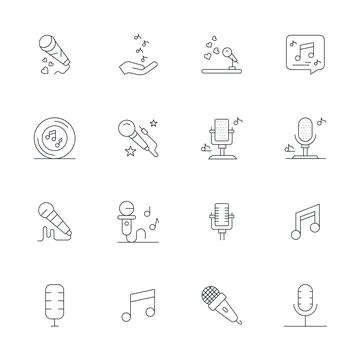 16 High Resolution PIXEL Perfect Vector Icons for Karaoke in Thin Line Theme Stock Illustration