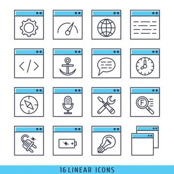 16 linear icons set vector illustration blue Stock Illustration
