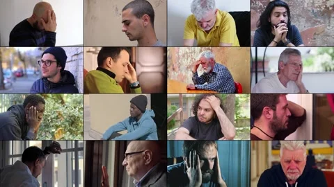 16 Men Expressing Deep Sadness and Emotional Pain in Multiscreen Stock Footage 293055712