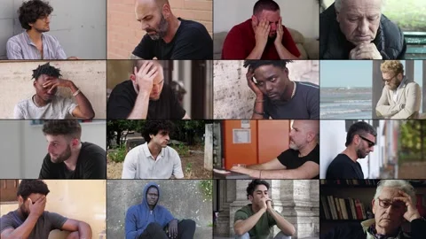 16 Men in Multiscreen Depicting Distress and Emotional Struggles 스톡 동영상 293054706