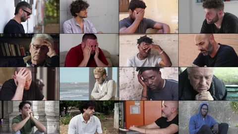 16 Men in Various States of Distress in Multiscreen Format 스톡 동영상 293055253
