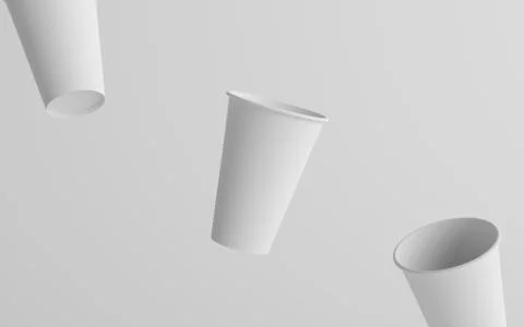16 oz. Single Wall Paper Large Coffee Cup Mockup - Three Floating Cups. 3D Il Stock Illustration