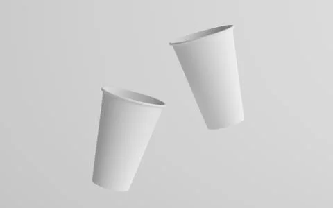 16 oz. Single Wall Paper Large Coffee Cup Mockup - Two Floating Cups. 3D Illu Stock Illustration