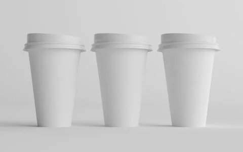 16 oz. Single Wall Paper Large Coffee Cup Mockup with White Lid - Three Cups. Stock Illustration