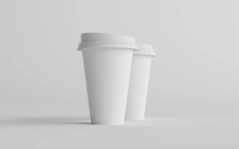 16 oz. Single Wall Paper Large Coffee Cup Mockup with White Lid - Two Cups. 3 Stock Illustration
