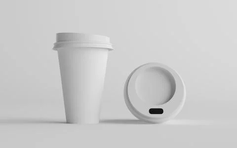 16 oz. Single Wall Paper Large Coffee Cup Mockup with White Lid - Two Cups. 3 Stock Illustration