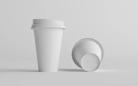 16 oz. Single Wall Paper Large Coffee Cup Mockup with White Lid - Two Cups. 3 Stock Illustration