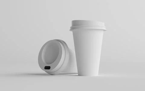 16 oz. Single Wall Paper Large Coffee Cup Mockup with White Lid - Two Cups. 3 Stock Illustration