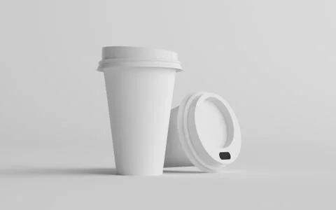 16 oz. Single Wall Paper Large Coffee Cup Mockup with White Lid - Two Cups. 3 Stock Illustration