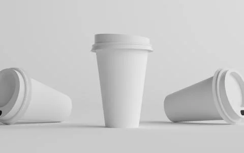 16 oz. Single Wall Paper Large Coffee Cup Mockup with White Lid - Three Cups. Stock Illustration