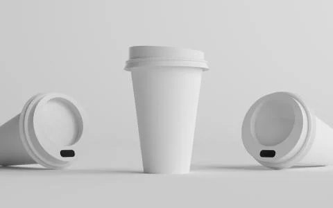 16 oz. Single Wall Paper Large Coffee Cup Mockup with White Lid - Three Cups. Stock Illustration