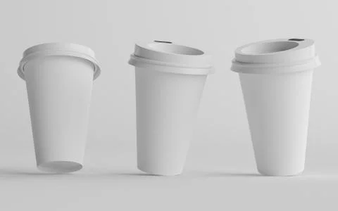 16 oz. Single Wall Paper Large Coffee Cup Mockup with White Lid - Three Cups. Stock Illustration