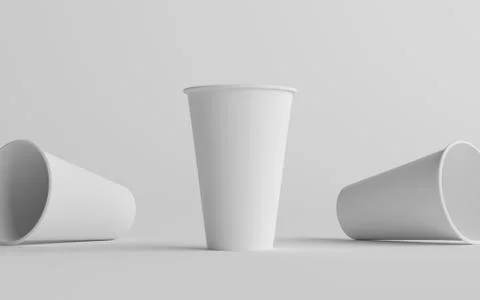 16 oz. Single Wall Paper Large Coffee Cup Mockup - Three Cups. 3D Illustratio Stock Illustration