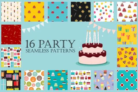 16 Party Seamless Pattern Collection Set Vector Illustration EPS10 Stock Illustration
