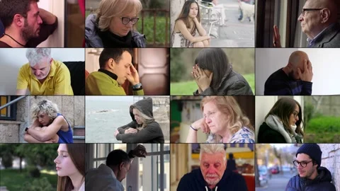 16 People Experiencing Deep Emotional Turmoil in Multiscreen 스톡 동영상 293051966