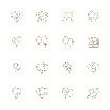 16 PIXEL Perfect Thin Outline Vector Icons from Balloons Collection Stock Illustration