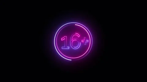 16 plus in a circle, neon blue-pink sign on a dark background. Animated 16 plus Stock Footage 309281991