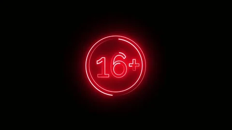 16 plus in a circle of neon red outline on a dark background. Animate the 16 Stock Footage 309471411