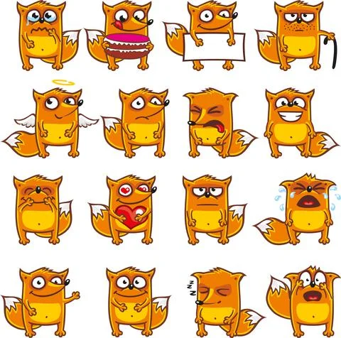 16 smiley foxes individually grouped for easy copy-n-paste. Stock Illustration