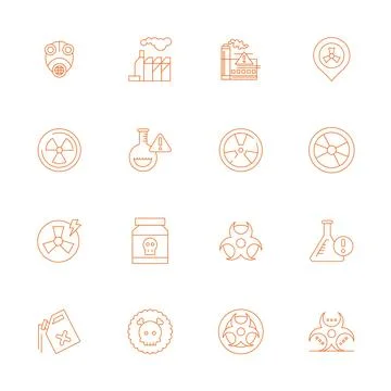 16 Vector Icons for Toxic featuring 128x128 Grid Fitted Thin Line Graphics Stock Illustration