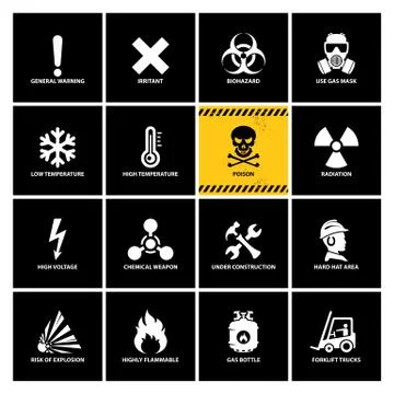 16 warning labels with flat icons Stock Illustration