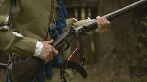 1600's soldier loading weapon Musket Rifle- Colonial Era, Jamestown Stock Footage