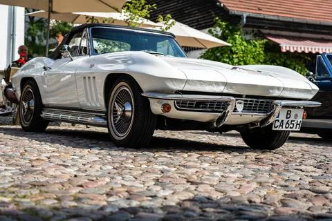 DIEDERSDORF,  GERMANY  -  AUGUST  21,  2021:  The  sports  car  Chevrolet  Corvette  Sting  Ray  Convertible  (C2),  1965.  The  exhibition  of  "US  Car  Classics". xkwx america,  american,  ancient,  antique,  auto,  automobile,  automotive,  car,  classic,  design,  diedersdorf,  exhibition,  germany,  machine,  model,  nostalgia,  old,  oldtimer,  retro,  style,  transport,  transportation,  us,  usa,  vehicle,  vintage,  exterior,  2-door,  sports  car,  Chevrolet,  Corvette,  Sting  Ray,  Convertible,  C2,  second  generation,  GM,  General  Motors,  white,  muscle  car