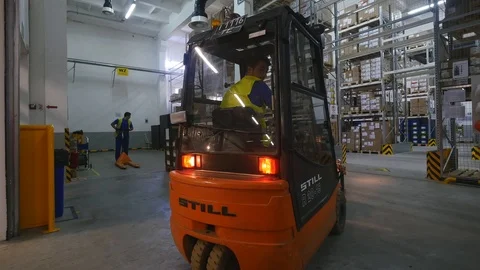 16.10.2018 - Chernivtsi, Ukraine. Loading work forklift truck. electric forklift 動画素材 96535481