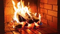 Close-up firewood burning with a bright flame in a red brick fireplace