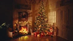 Christmas and New Year interior decoration. Green tree decorated with toys, g
