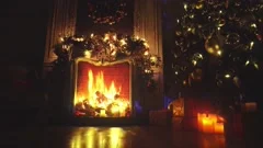Fireplace with burning fire. Christmas and New Year interior decoration. Gree