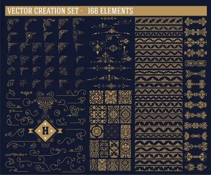 166 elements set. Corners, accents, borders and patterns set Stock Illustration