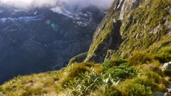 Spectacular top down shot at Milford Track during sunny day - View from