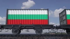 Containers with the flag of Bulgaria. Railway transportation