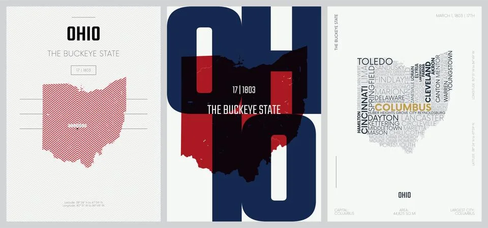 17 of 50 sets, US State Posters with name and Information in 3 Design Styles, Illustrazione stock