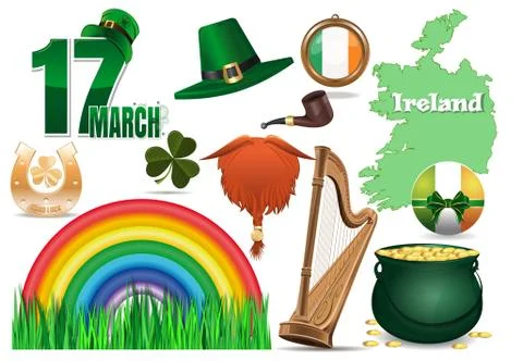 17 March. Vector icons set for St. Patricks Day Stock Illustration