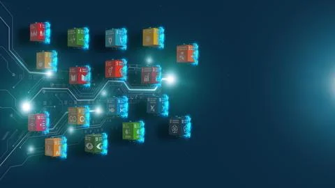 17 SDGs Global Goals Digital Benefits Circuit Board In 3D Space Plexus Conce Stock Illustration
