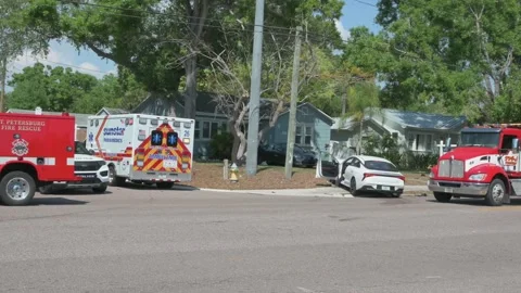 1731Pan left to right Emergency Ambulance And Paramedic Rescue Truck Parked At C Stock Footage 331663174