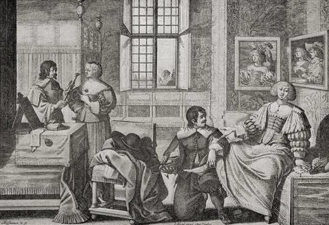 A 17th century shoemaker.  Afte the etching by Abraham Bosse.  From Modes and Ma 스톡 일러스트