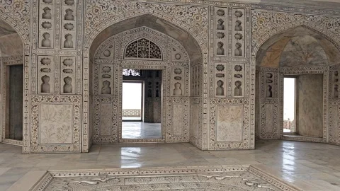17th Oct 2025 Agra, India, Ornate marble room with intricate Mughal inlay work Stock Footage 319389199